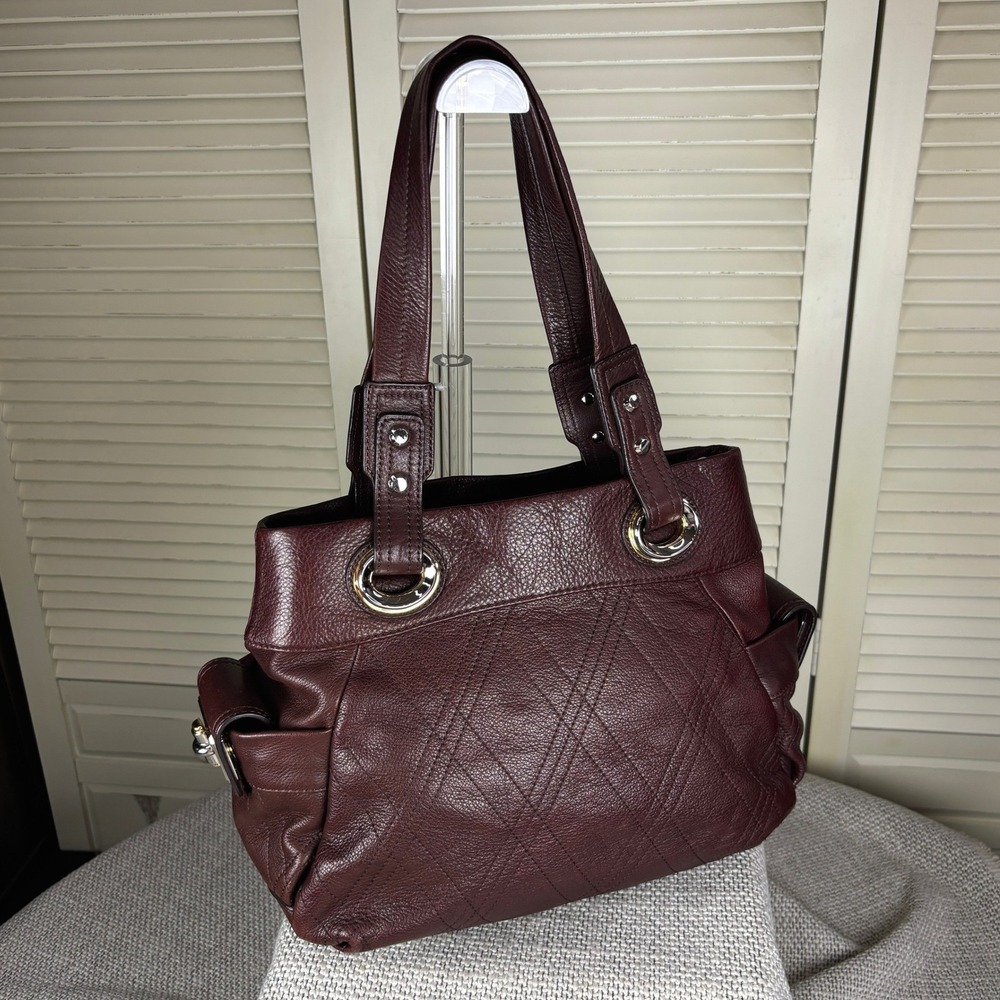 Luxe B. Makowsky Burgundy Leather Quilted Hobo Shoulder Bag Tote Silver Hardware